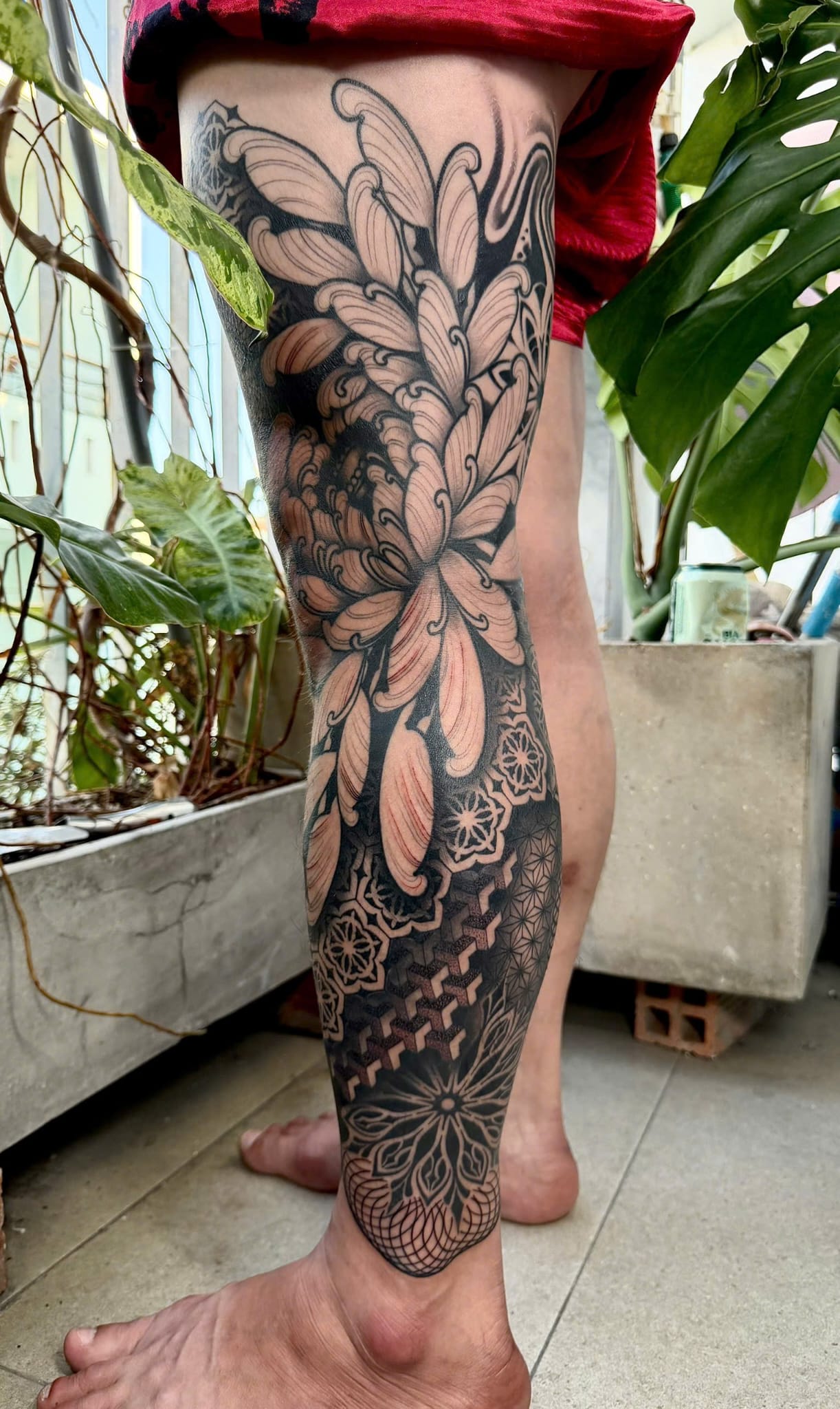 Chrysanthemum and mandala combination leg tattoo — Rae Ink Vietnam