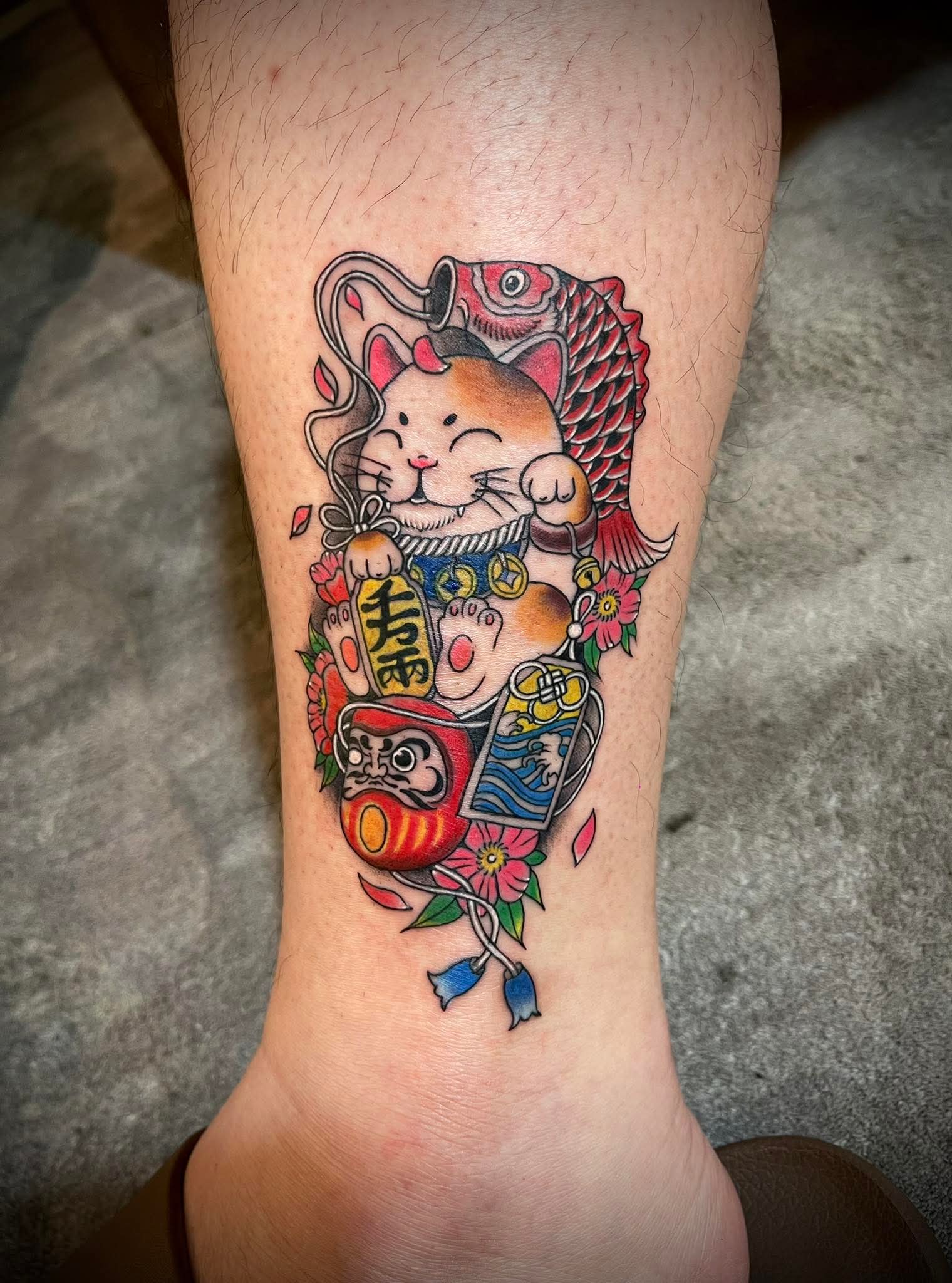 Japanese maneki-neko lucky cat calf tattoo — Rae Ink Ho Chi Minh
