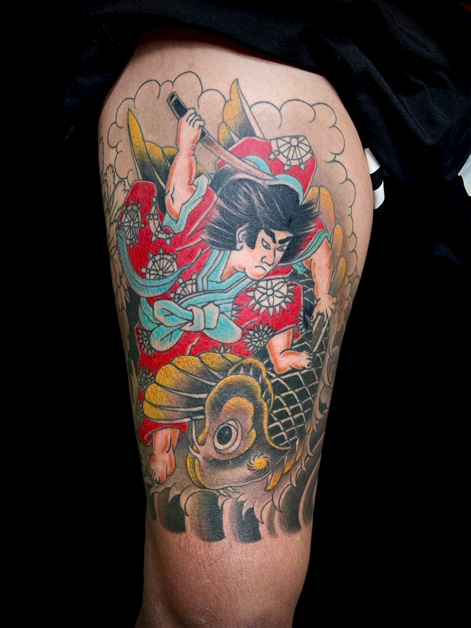 Japanese samurai warrior thigh tattoo — Rae Ink Saigon