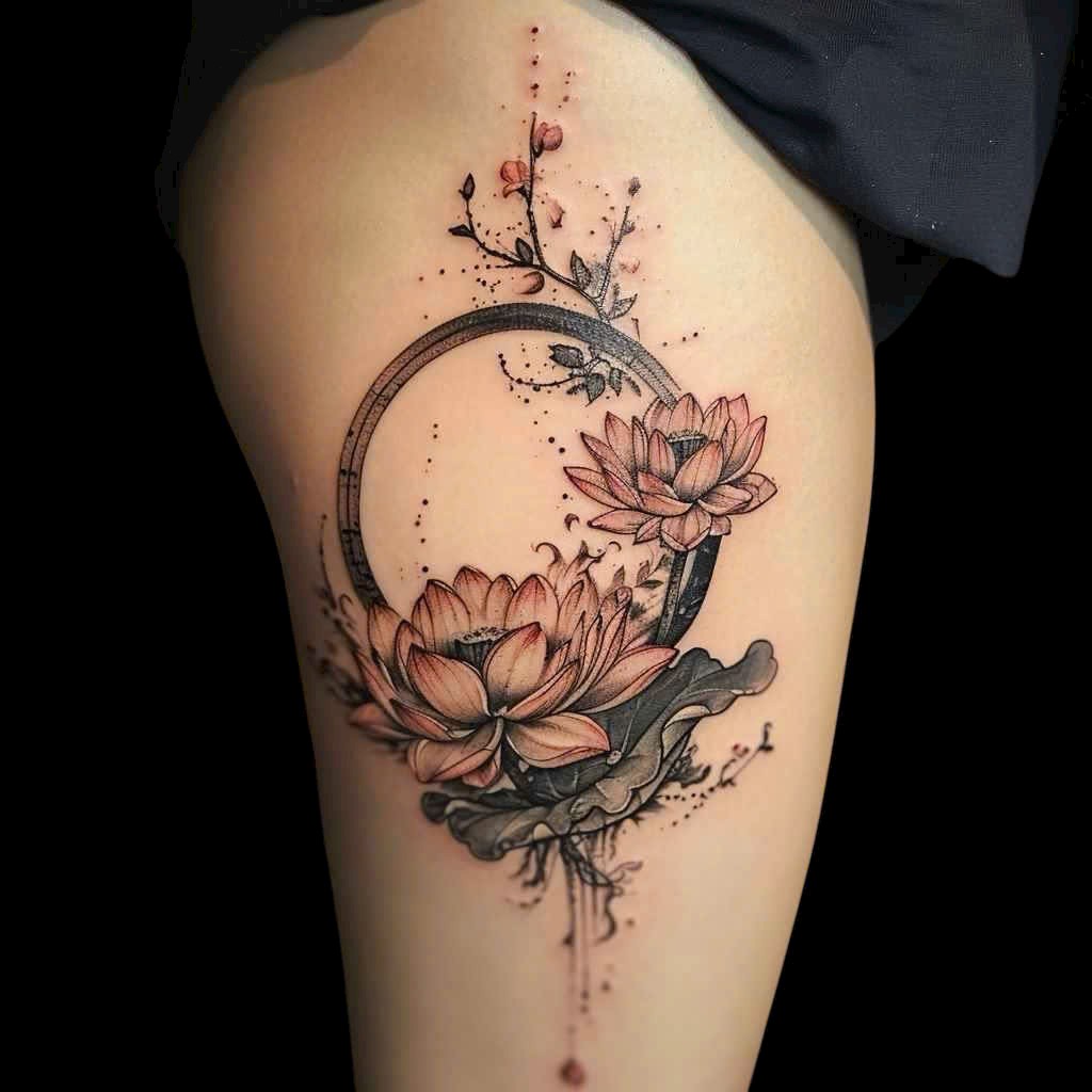 Lotus and cherry blossom Japanese thigh tattoo — Rae Ink Saigon