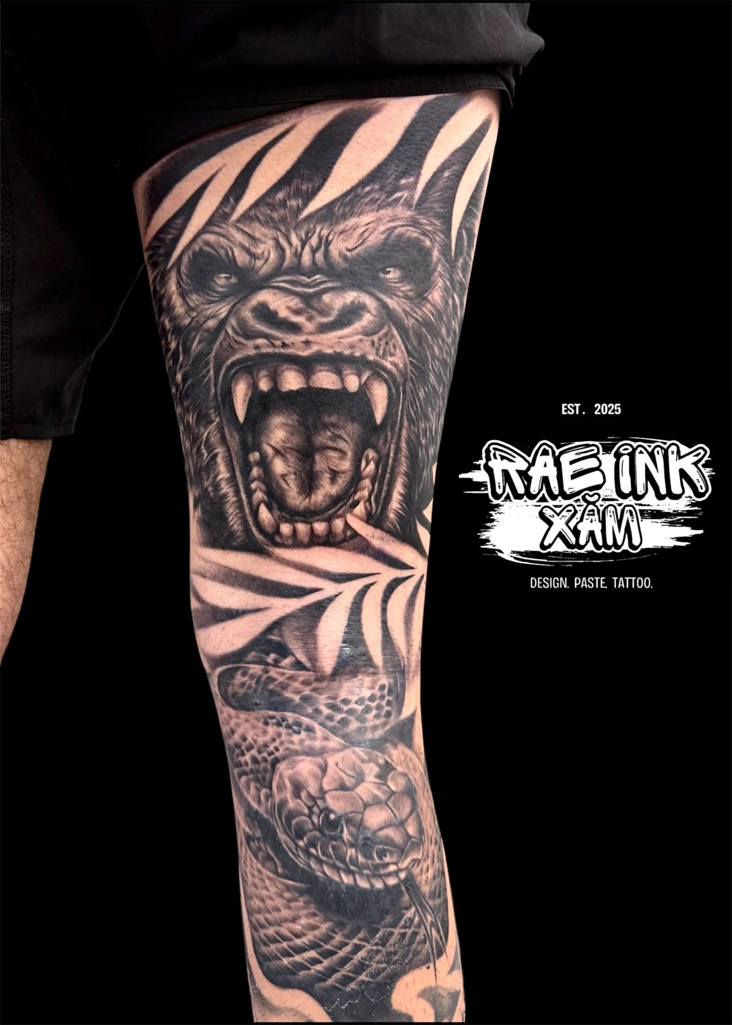 Realism gorilla and snake leg sleeve tattoo — Rae Ink Saigon