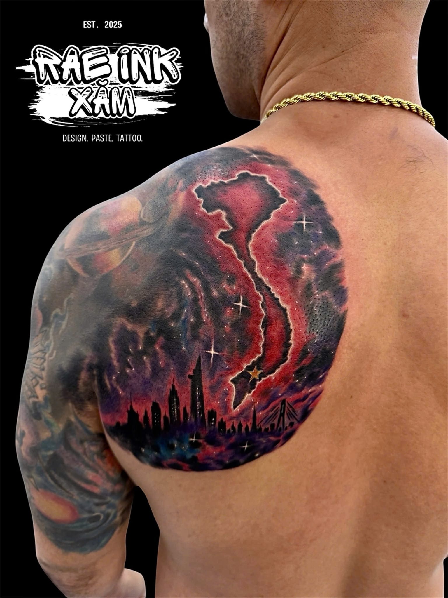 Vietnam map color realism shoulder tattoo — Rae Ink Ho Chi Minh