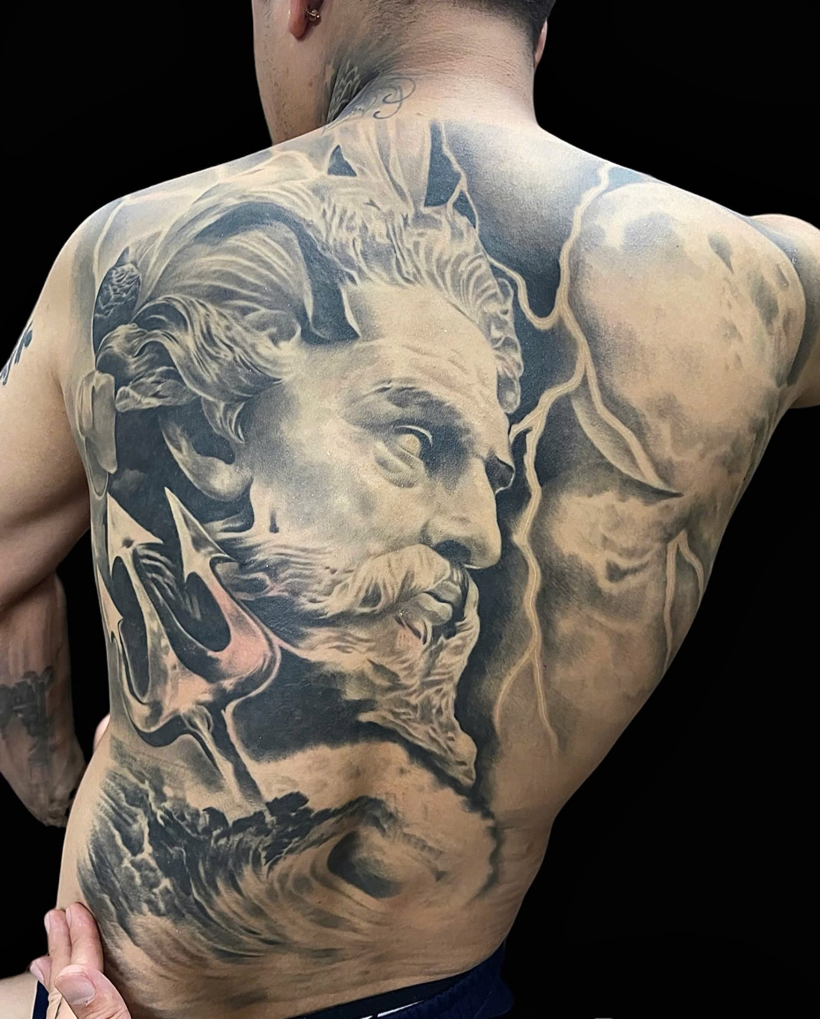 Zeus portrait realism black and grey full back tattoo — Rae Ink Ho Chi Minh