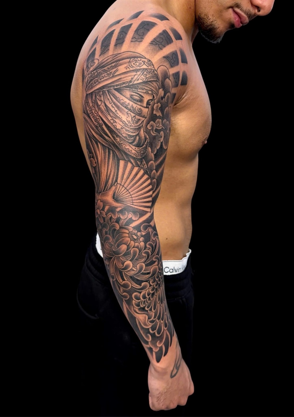 Japanese geisha with fan and chrysanthemum full sleeve tattoo — Rae Ink Ho Chi Minh