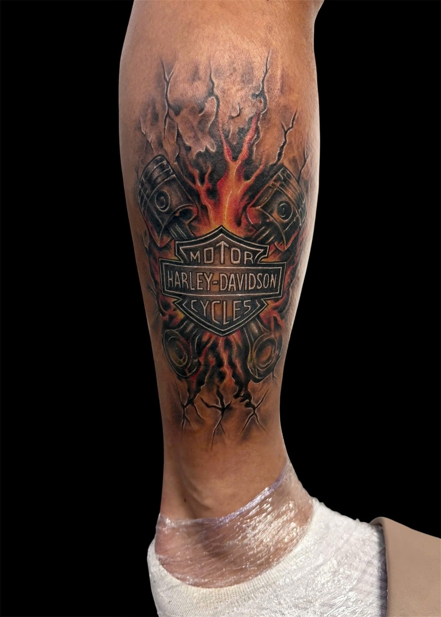 Motorcycle pistons and flames colour realism calf tattoo — Rae Ink Ho Chi Minh