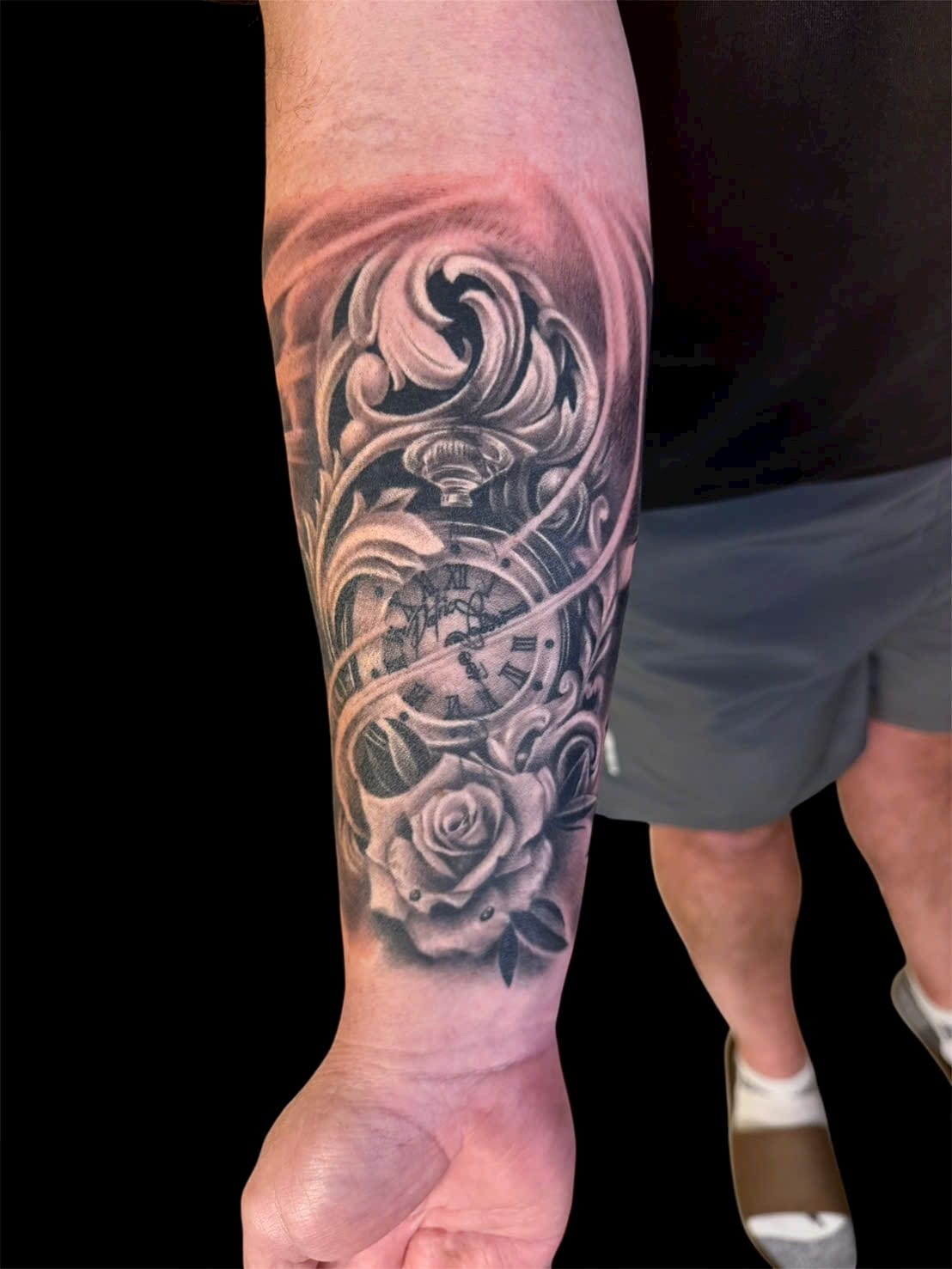 Pocket watch with ornamental filigree and rose forearm tattoo — Rae Ink Ho Chi Minh