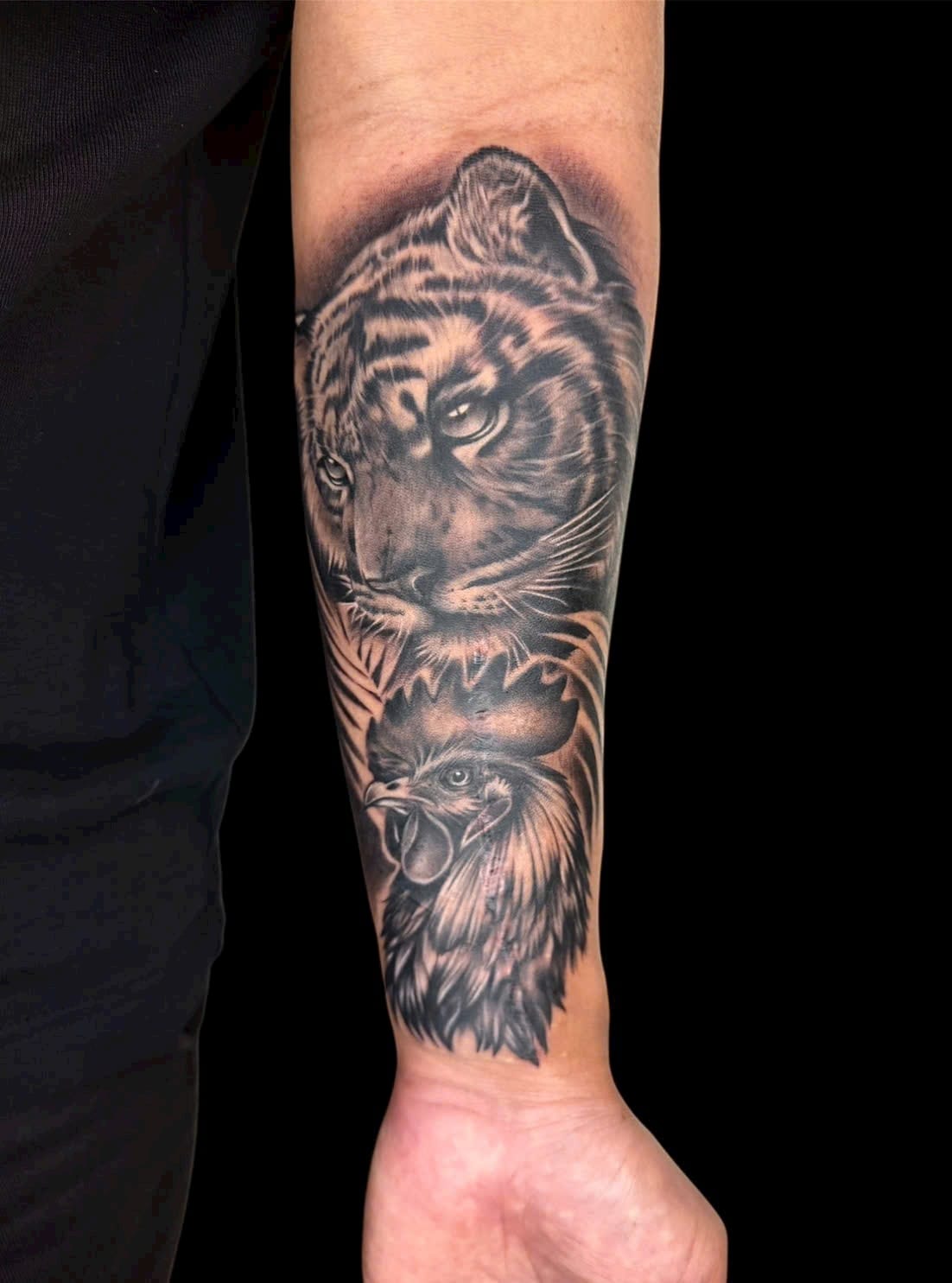 Tiger and rooster black and grey realism forearm tattoo — Rae Ink Saigon