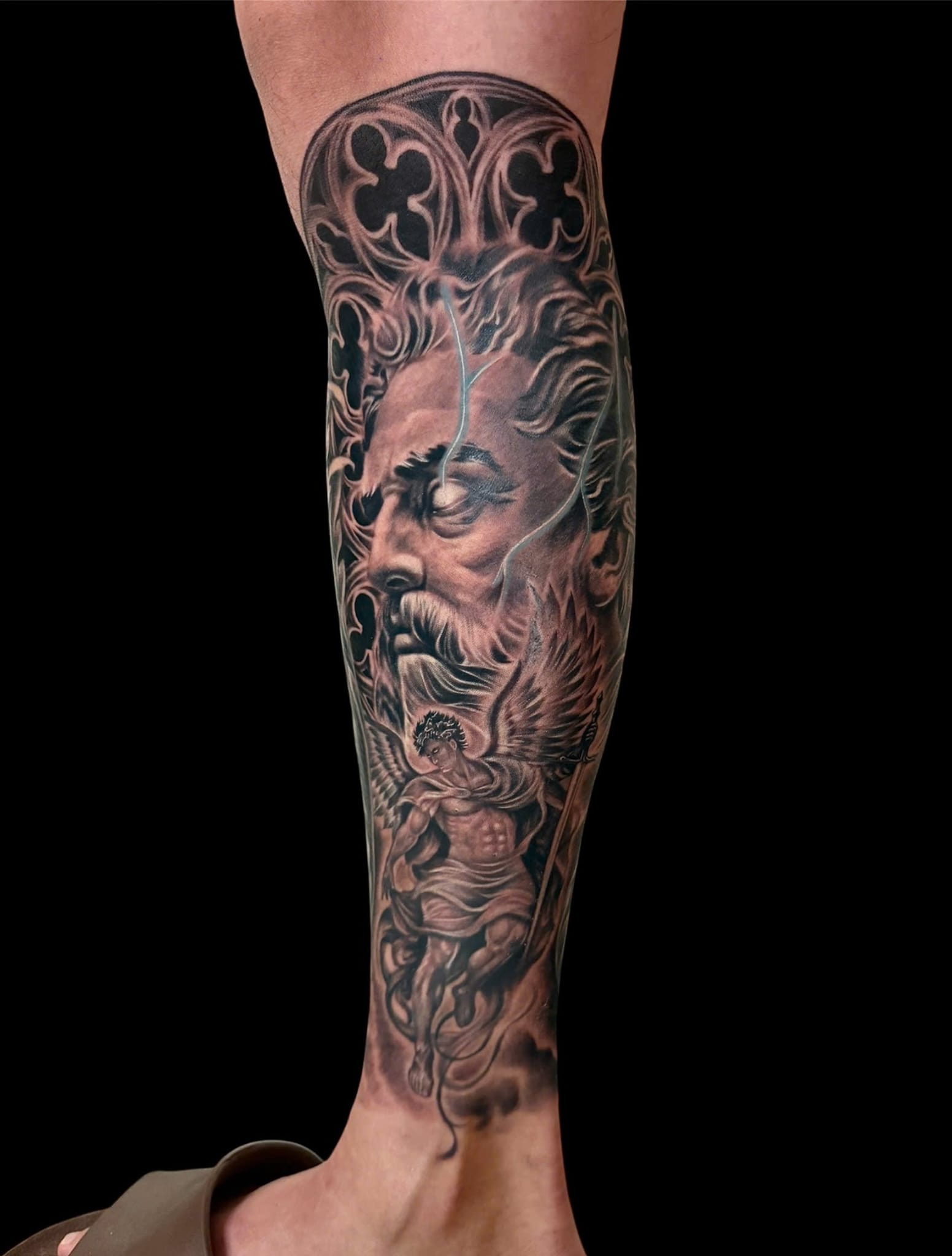 Zeus and archangel realism calf sleeve tattoo — Rae Ink Saigon